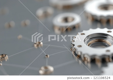Data Dynamics: Mechanical gears and gear systems visualized through interconnected lines, dots, big data graphics with copy space for impactful banner, presentation 121106524