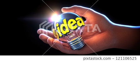 Bright inspiration: hand holding glowing light bulb with text idea symbolizing a moment of creativity, innovative thinking, perfect for presentations or materials focusing on concepts and solutions. 121106525