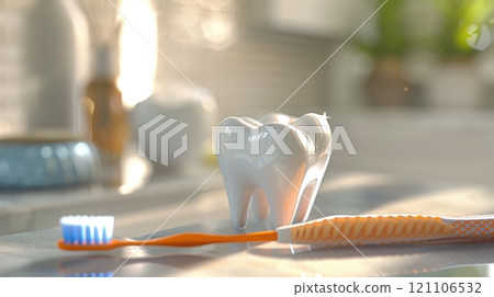 Essential dental hygiene: toothbrush and teeth in focus, significance of oral care, effective brushing for cavity prevention, overall mouth health, daily dental routines for radiant smile. 121106532