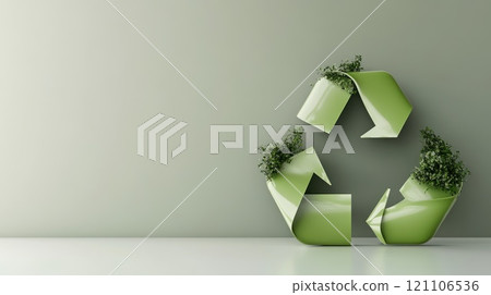 Sustainability emblem: green recycle symbol featured in eco-friendly design on banner, copy space for promoting environmental messages, encouraging responsible waste management practices. Sustainability emblem: green recycle symbol featured in eco-friendly design on banner, copy space for promoting environmental messages, encouraging responsible waste management practices. 121106536