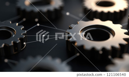 Data Dynamics: Mechanical gears and gear systems visualized through interconnected lines, dots, big data graphics with copy space for impactful banner, presentation 121106540
