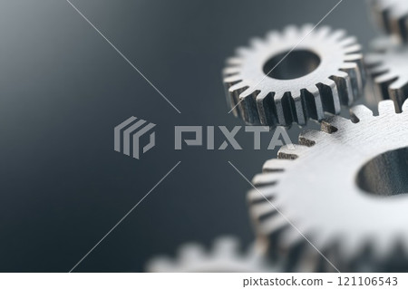 Data Dynamics: Mechanical gears and gear systems visualized through interconnected lines, dots, big data graphics with copy space for impactful banner, presentation 121106543