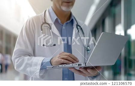 Health practitioner: physician focused on computer tasks, managing patient information, leveraging software for effective decision making, essential role of technology in improving medical practices. Health practitioner: physician focused on computer tasks, managing patient information, leveraging software for effective decision making, essential role of technology in improving medical practices. 121106570