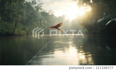 Vibrant beauty: a colourful parrot perched gracefully in heart of nature, surrounded by lush greenery, brilliant plumage and blending harmoniously with the wild environment. Vibrant beauty: a colourful parrot perched gracefully in heart of nature, surrounded by lush greenery, brilliant plumage and blending harmoniously with the wild environment. 121106577