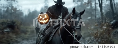 Halloween rider: a mysterious figure atop a black horse,glowing pumpkin, galloping , capturing the essence of spooky tradition and legend in a haunting visual scene. Halloween rider: a mysterious figure atop a black horse,glowing pumpkin, galloping , capturing the essence of spooky tradition and legend in a haunting visual scene. 121106593