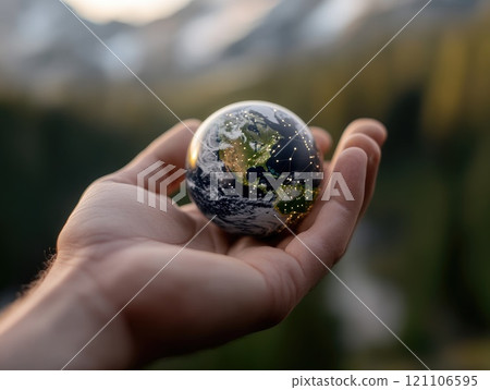 Global responsibility: hand holding globe symbolizes humanity connection to Earth, vital role of digital tools in promoting environmental awareness, unity, cooperation for planetary preservation. 121106595