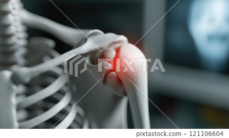Shoulder agony: visualization of pain in joint, featuring red glowing area that highlights source of discomfort, representing inflammation or injury, its effect on daily activities and mobility. 121106604