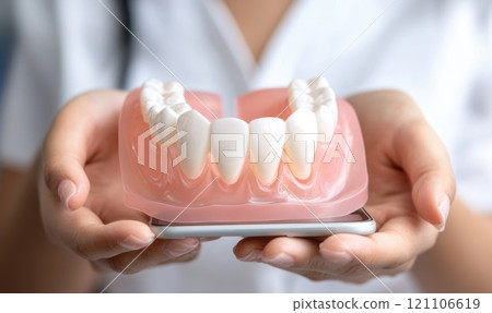 Dental innovation: dentist utilizing digital tools for internet consultations, bookings, integrating technology in dental treatments with 3D modeling, x-ray imaging, enhancing patient experience care. 121106619