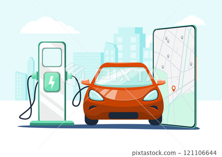 Red car and charging station and smartphone 121106644