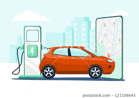 Red car and charging station and smartphone Red car and charging station and smartphone 121106645