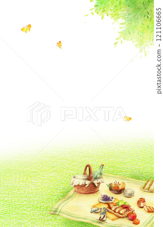 Picnic lunch box and green field background vertical hand-drawn colored pencil drawing 121106665