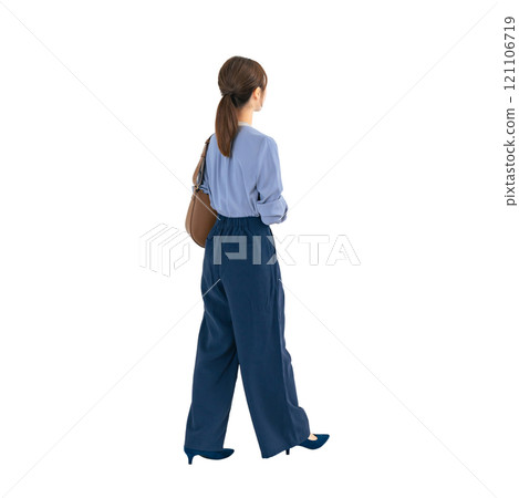 The back view of a woman walking in casual wear. A transparent full-body photo PNG precisely cut by hand 121106719