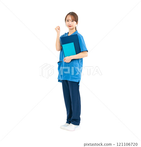 A woman wearing a scrub and doing a fist pump - A transparent full-body photo PNG precisely cut by hand A woman wearing a scrub and doing a fist pump - A transparent full-body photo PNG precisely cut by hand 121106720