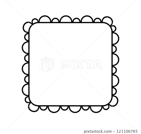 Scalloped edge square frame. Simple rectangle scalloped border. Fabric lace pattern frame. Repeat cute vintage frill ornament. Texture ribbon. Vector illustration isolated on white background 121106765