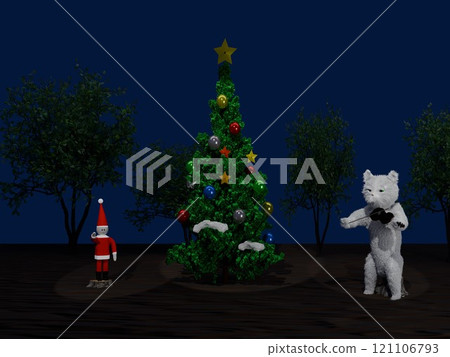 晚上的聖誕樹，聖誕老公公娃娃聽貓拉小提琴 121106793