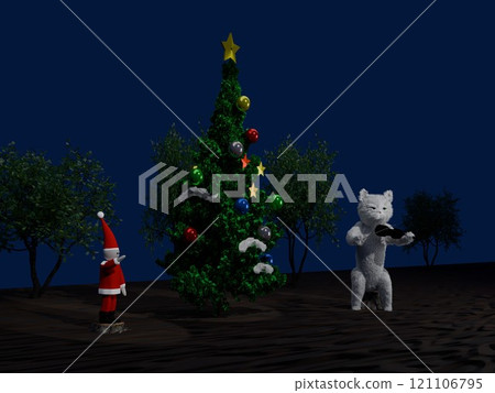 晚上的聖誕樹,聖誕老公公娃娃聽貓拉小提琴 晚上的聖誕樹,聖誕老公公娃娃聽貓拉小提琴 121106795
