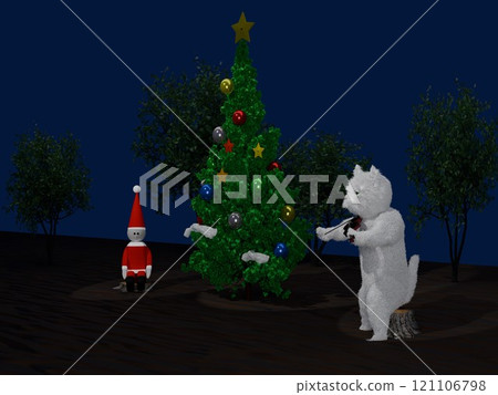 晚上的聖誕樹,聖誕老公公娃娃聽貓拉小提琴 晚上的聖誕樹,聖誕老公公娃娃聽貓拉小提琴 121106798