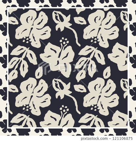 Monochrome black and white brush strokes inky hibiscus flowers scarf or bandana design Monochrome black and white brush strokes inky hibiscus flowers scarf or bandana design 121106875