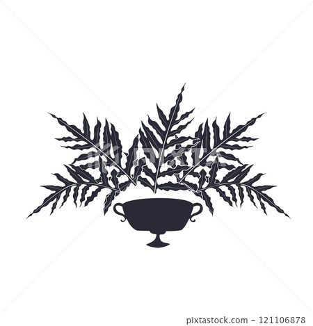 Black linocut silhouette of potted houseplant phebodium 121106878