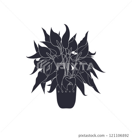 Black linocut silhouette of potted houseplant peace lily 121106892