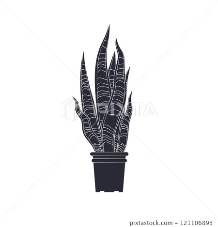 Black linocut silhouette of potted houseplant snake plant 121106893