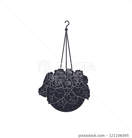 Black linocut silhouette of potted houseplant begonia 121106895
