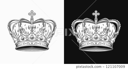 Imperial crown with gemstones, pearls, fleur de lis sign on points, cross on top. Black and white illustration in vintage style. Imperial crown with gemstones, pearls, fleur de lis sign on points, cross on top. Black and white illustration in vintage style. 121107009