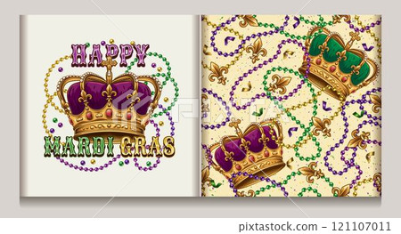 Seamless Mardi Gras pattern, label with imperial crown, randomly scattered Fleur de Lis sign, confetti, interlaced strings of beads, text. White background. Vintage style. 121107011