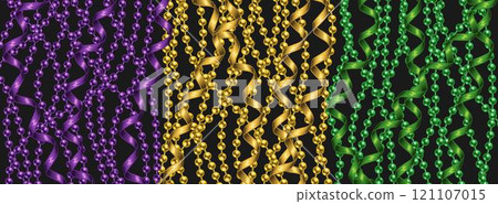 Horizontal Mardi Gras carnival banner with vertical hanging strings of beads, streamer ribbons. Backdrop, photo booth design for festival, carnival, party, holiday events Horizontal Mardi Gras carnival banner with vertical hanging strings of beads, streamer ribbons. Backdrop, photo booth design for festival, carnival, party, holiday events 121107015