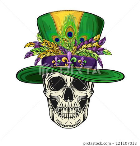 Human skull with green tall cylinder hat with bunch of colorful feathers. Mardi Gras themed detailed illustration in vintage style. 121107018