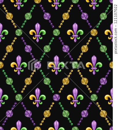 Mardi gras geometric dark pattern. Diagonal rhombus grid made with colorful coins, Fleur de lis symbol in center of grid cells. Vintage style illustration Mardi gras geometric dark pattern. Diagonal rhombus grid made with colorful coins, Fleur de lis symbol in center of grid cells. Vintage style illustration 121107022