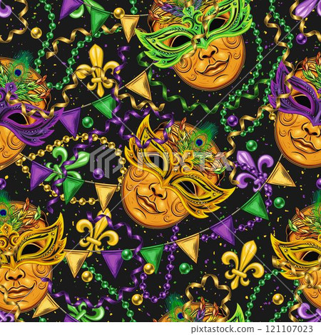 Carnival Mardi Gras themed pattern with golden venetian face mask with feathers, scattered trinket, streamer ribbons, strings of beads. Textured black background Carnival Mardi Gras themed pattern with golden venetian face mask with feathers, scattered trinket, streamer ribbons, strings of beads. Textured black background 121107023