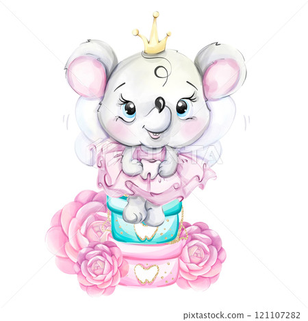 Watercolor tooth fairy. Cartoon dental princess mouse and roses. Medical kids illustration for print, textile, design and decoration Watercolor tooth fairy. Cartoon dental princess mouse and roses. Medical kids illustration for print, textile, design and decoration 121107282