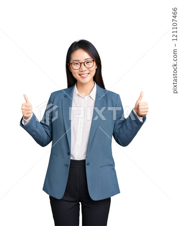 Happy East Asian woman in glasses, showing thumbs-up, bright lighting, colorful background. 121107466