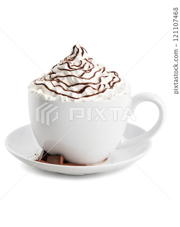 Steaming Hot Chocolate topped with whipped cream and chocolate shavings, rich brown and white tones, isolated 121107468