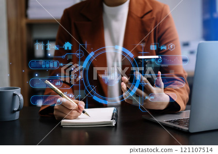 ESG concept of environmental, Green ethical business preserving resources, reducing CO2, Business person team working on laptop virtual smartphone ESG concept of environmental, Green ethical business preserving resources, reducing CO2, Business person team working on laptop virtual smartphone 121107514