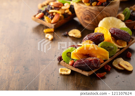 Dried tropical fruits with various nuts and raisins. 121107624