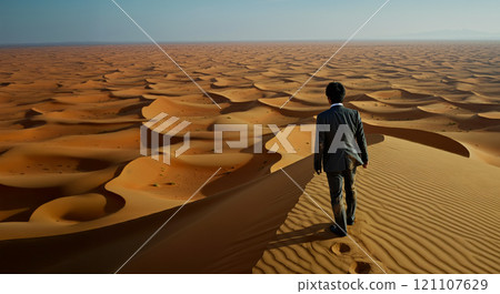 一個孤獨的商人被遺棄在茫茫沙漠中。 一個孤獨的商人被遺棄在茫茫沙漠中。 121107629