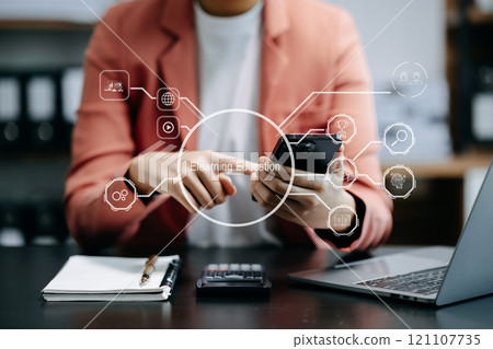 Person who attends online lessons on a virtual screen tablet. E-learning education and online webinar. Education internet Technology. with icon 121107735