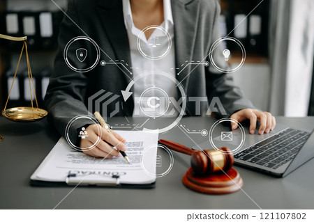 Copyright or patent concept, Person hand using laptop computer, tablet and smartphone with virtual screen copyright icon trademark, Creation ownership against piracy 121107802