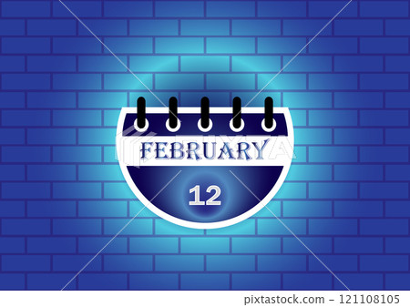 February 12 calendar sign on blue neon brick wall background 121108105
