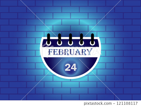 February 24 calendar sign on blue neon brick wall background 121108117
