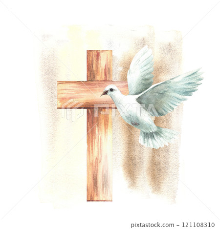 White dove with wooden cross on watercolor beige splashes, spotted background. Flying bird pigeon, symbol of peace and Christian religion. hand drawn illustration for Baptism, Easter card. Isolated White dove with wooden cross on watercolor beige splashes, spotted background. Flying bird pigeon, symbol of peace and Christian religion. hand drawn illustration for Baptism, Easter card. Isolated 121108310