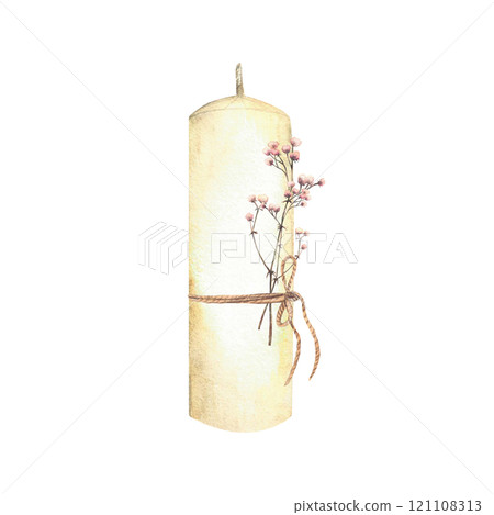 White candle with jute rope and dried branch with pink flowers. Watercolor illustration for the church religious holidays, baptism, first communion, wedding, Easter Hand drawn isolated from background 121108313