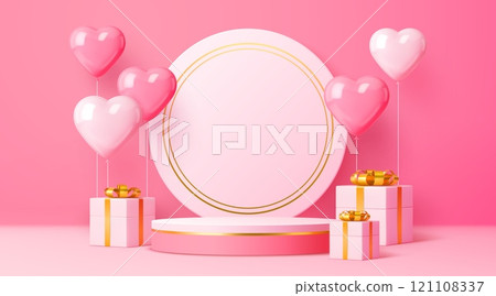 Valentines day podium stage pedestal with holiday gifts and heart balloons on pink background. Realistic 3d vector circular platform with gold accents for romantic celebration or festive presentations Valentines day podium stage pedestal with holiday gifts and heart balloons on pink background. Realistic 3d vector circular platform with gold accents for romantic celebration or festive presentations 121108337