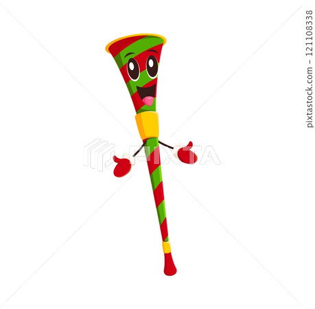 Cartoon vuvuzela musical instrument character with red and green stripes, exuding festive cheer, celebrating winter Christmas holiday with cheerful expression. Isolated vector horn or pipe personage Cartoon vuvuzela musical instrument character with red and green stripes, exuding festive cheer, celebrating winter Christmas holiday with cheerful expression. Isolated vector horn or pipe personage 121108338