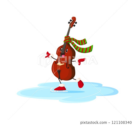 Cartoon cello musical instrument character ice skating during Christmas winter holiday season. Vector festive personage with cheerful expression adds fun to Xmas celebrations and musical entertainment 121108340