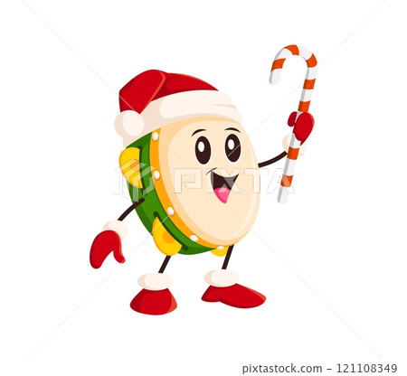 Cartoon tambourine character wearing Santa hat and festive attire holding candy cane, celebrating winter Christmas holiday. Isolated vector cute musical instrument personage enjoying Xmas festivities Cartoon tambourine character wearing Santa hat and festive attire holding candy cane, celebrating winter Christmas holiday. Isolated vector cute musical instrument personage enjoying Xmas festivities 121108349