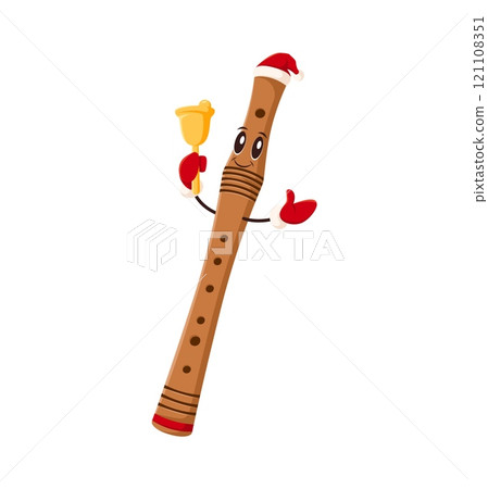 Cartoon flute character wearing a Santa hat and gloves holding a bell spreading festive Christmas cheer. Isolated vector cheerful woodwind musical instrument personage enjoying winter holiday fun Cartoon flute character wearing a Santa hat and gloves holding a bell spreading festive Christmas cheer. Isolated vector cheerful woodwind musical instrument personage enjoying winter holiday fun 121108351