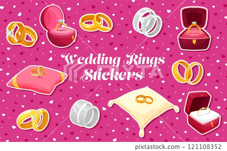 Cartoon marriage and wedding golden rings, engagement jewelry box case and pillows. Marriage ceremony stickers pack. Vector bridal Valentine day patches with gold rings on pink background with hearts Cartoon marriage and wedding golden rings, engagement jewelry box case and pillows. Marriage ceremony stickers pack. Vector bridal Valentine day patches with gold rings on pink background with hearts 121108352